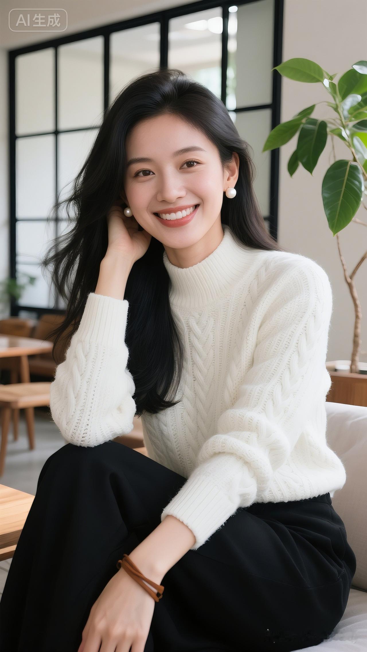 冬日暖阳下，微笑的少女与白色毛衣的完美搭配，尽显温柔与优雅。