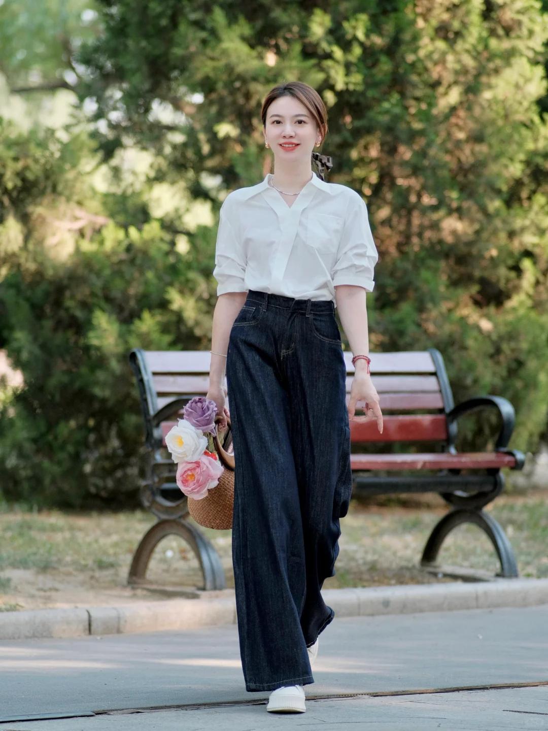 白衬衫+牛仔阔腿裤｜懒人万能搭！显瘦显高零出错✨谁懂啊家人们！白衬衫+牛仔阔