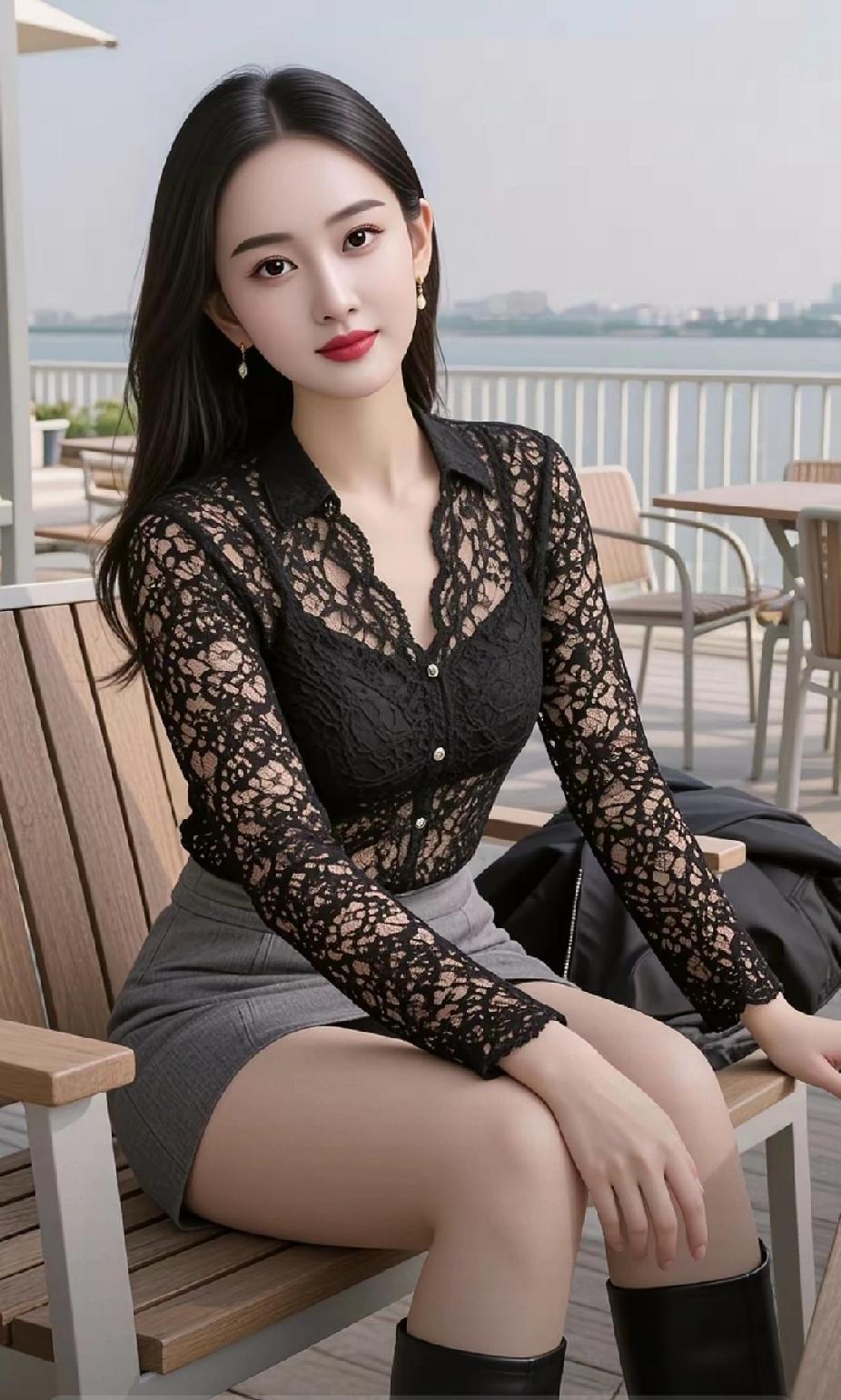 优雅黑蕾丝连衣裙，搭配高筒靴，都市时尚感十足！