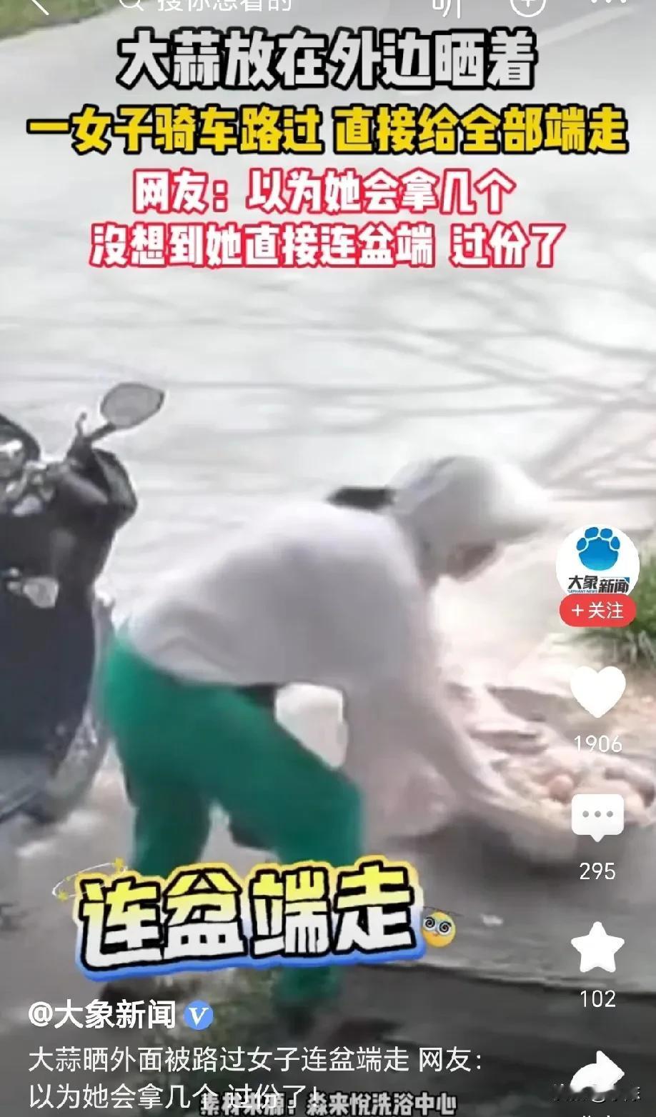 太过分了！河南，农户把大蒜放在家门口晾晒，一女子骑电动车路过，她故意放慢速度四下