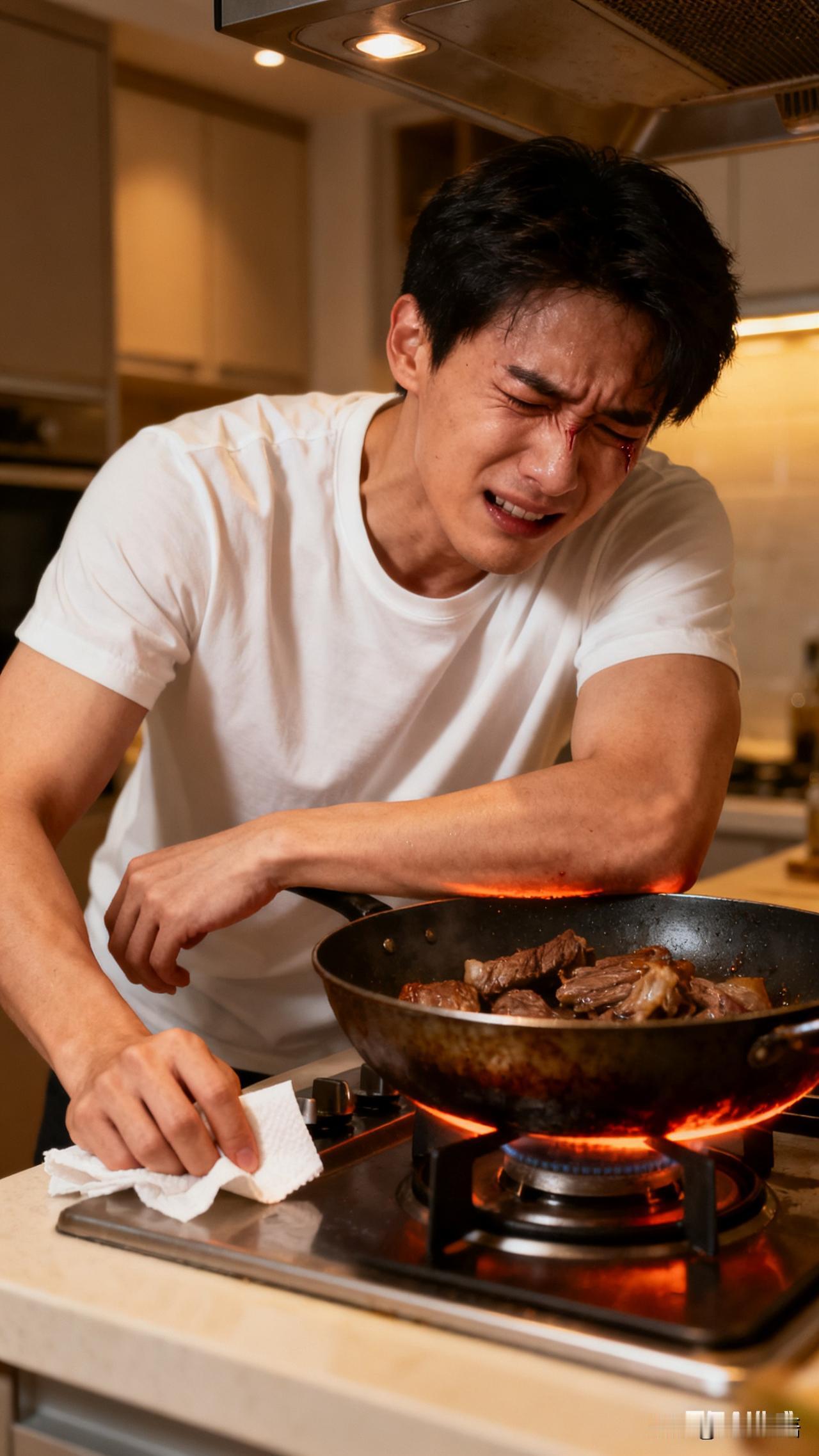 刚才炖菜时发生了一件事，我正用湿巾擦灶台，手臂突然碰到了滚烫的铁锅边，“滋啦”一