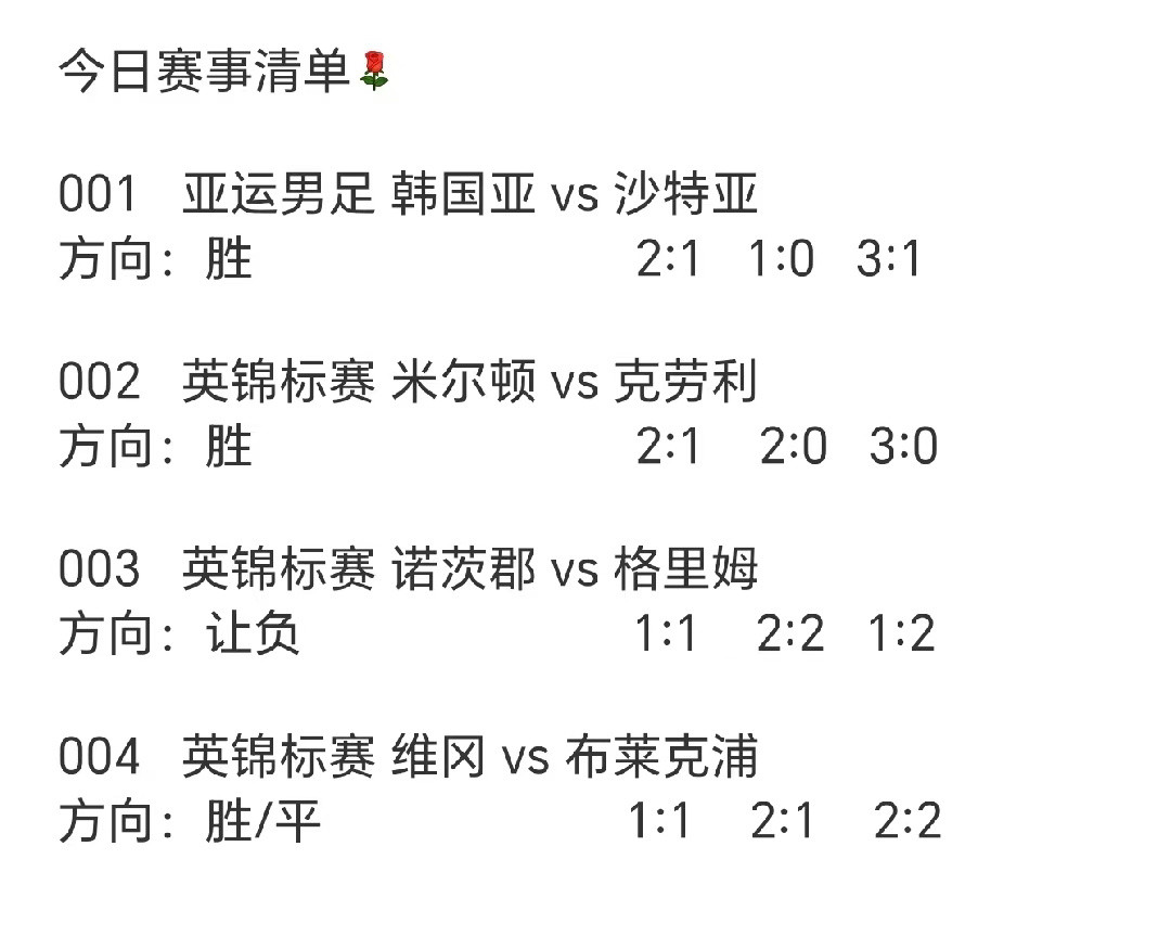 今日赛事清单[玫瑰]​​​
