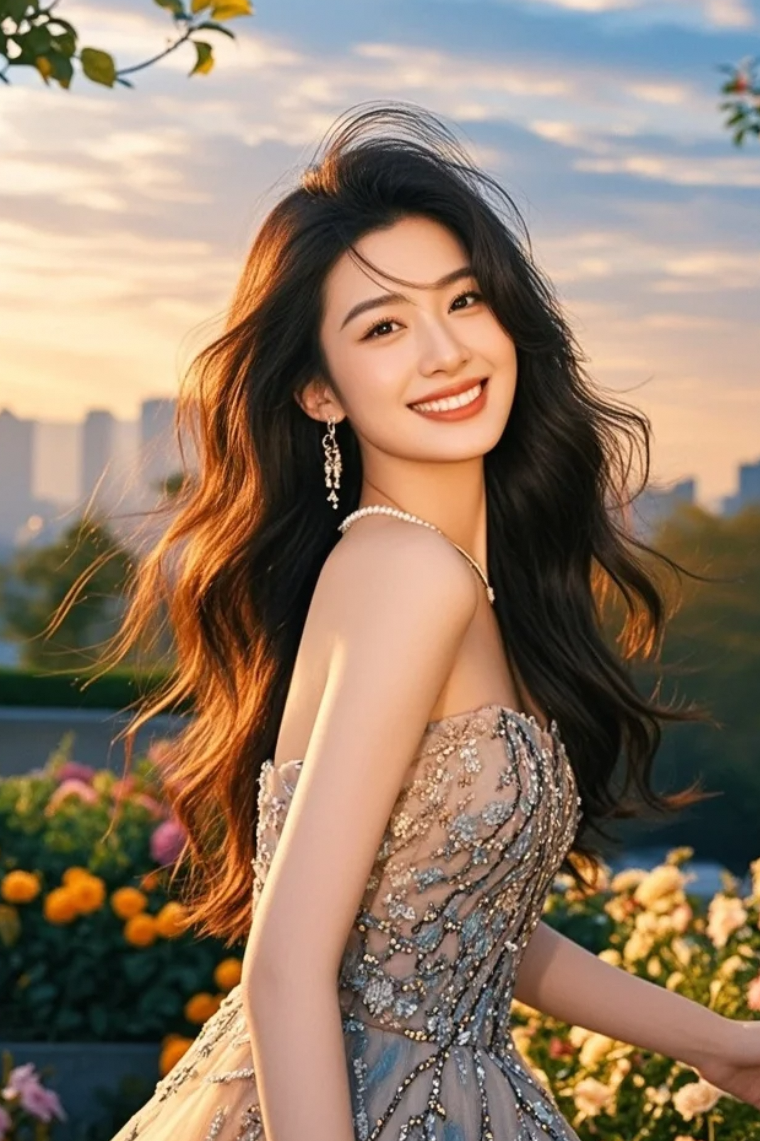 清新脱俗的气质，长发飘逸，笑容是温柔的化身