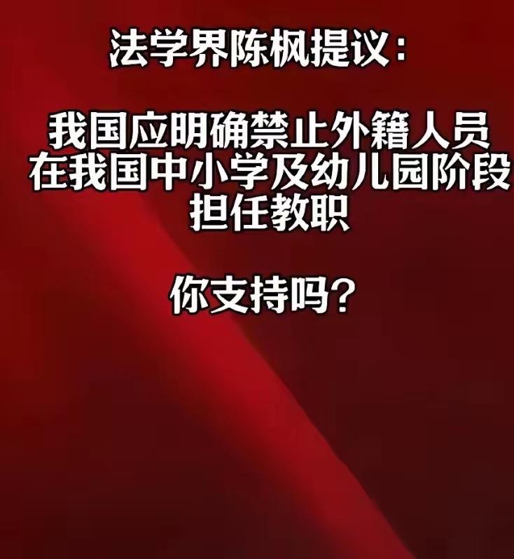 法学界人士陈枫提出，我国应通过立法明确规定，不允许外籍人士在幼儿园、小学及初中阶