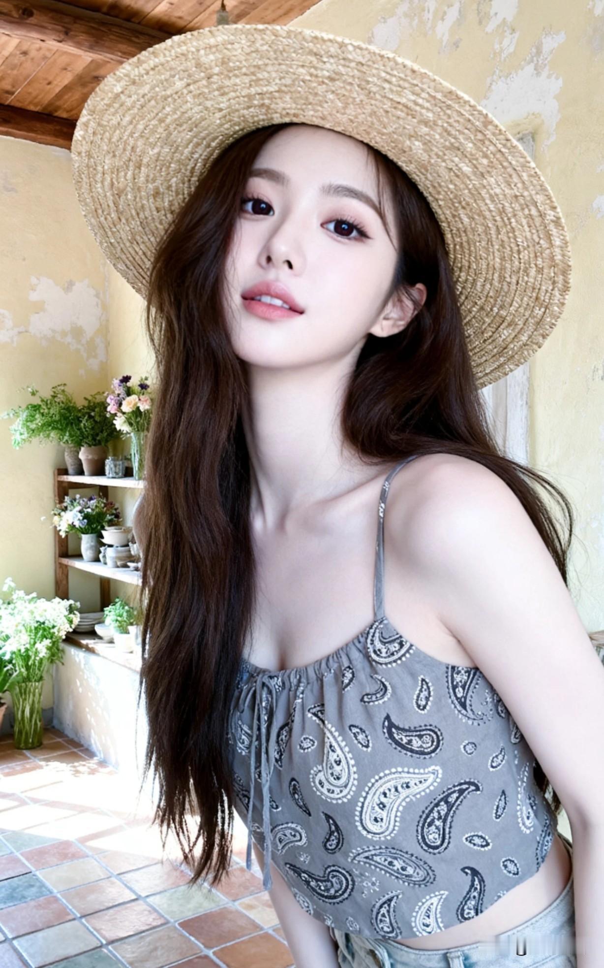 夏日清新穿搭，草帽与印花背心，轻松自在！🌞💐