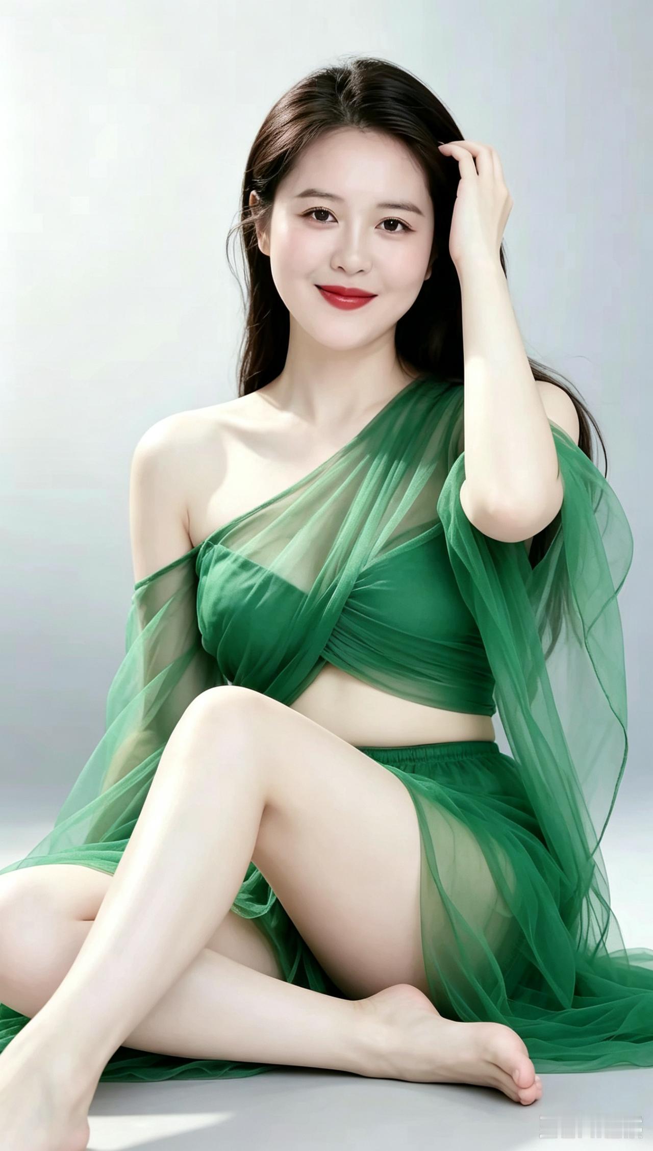绿纱轻裹身姿柔，浅笑嫣然眉目秀。玉手轻撩青丝发，容颜温婉韵风流。素色背景
