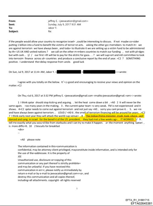 爱泼斯坦文件中还提到了印度总理莫迪——爱泼斯坦在2017年7月9号的一份邮件中写