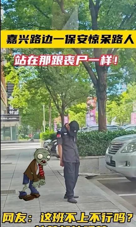 笑麻了！一保安大哥站在路边的模样活脱脱就像植物大战僵尸里面的“僵尸”，歪七扭八地