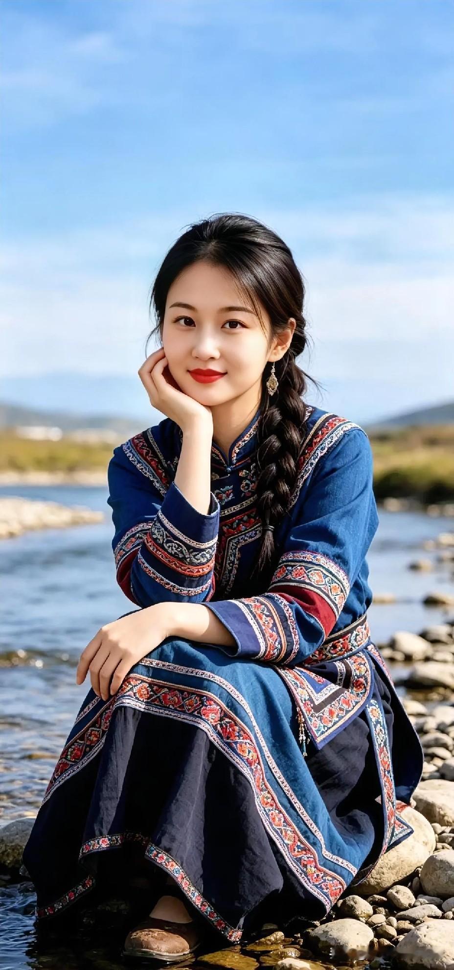 河畔石上，民族风长裙映衬清澈流水。长辫垂肩，笑靥如花，尽显自然山水间的宁静与纯粹