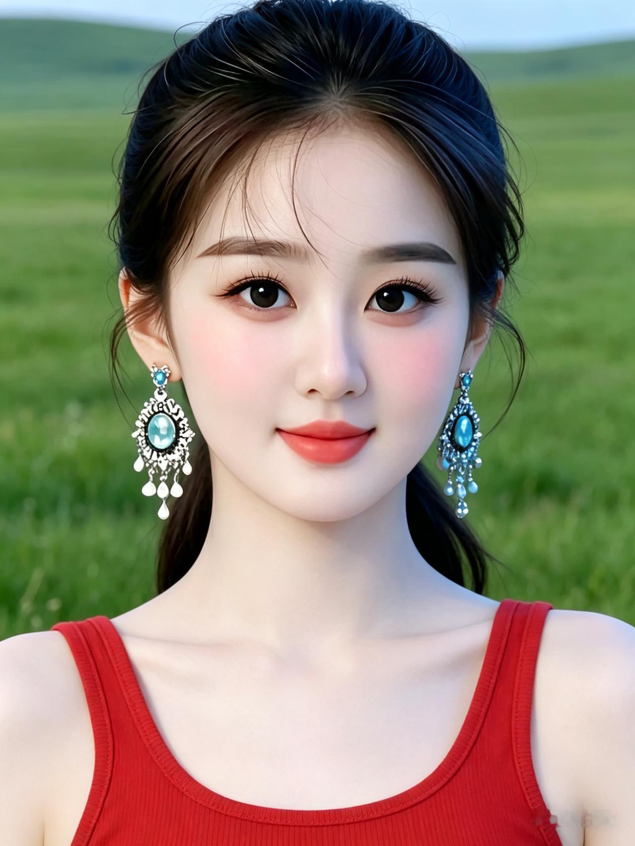 正面鹅蛋脸美人，额间轻盈碎发，高马尾利落束于脑后。艳红色吊带背心衬得肌肤莹白粉嫩