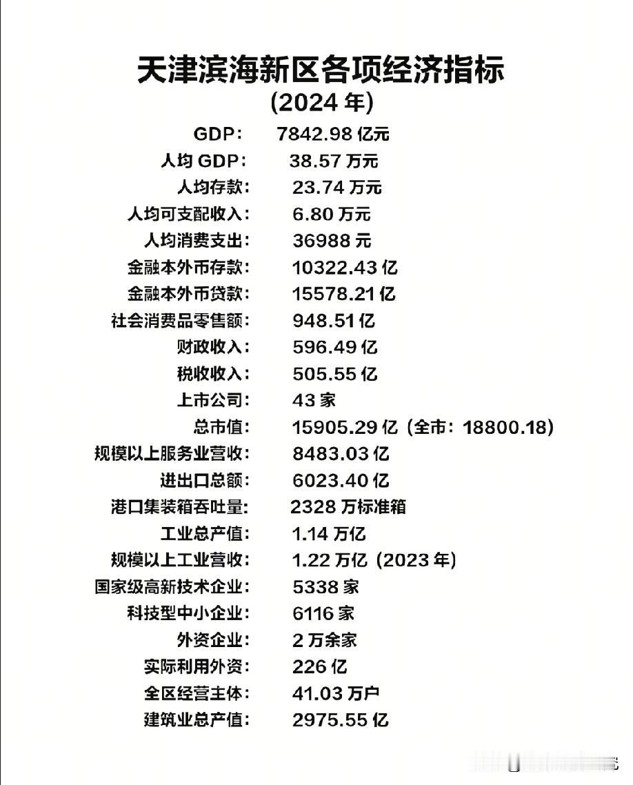 天津滨海新区各项经济指标数据水平情况，从图片数据可以看出天津滨海新区不仅GDP总