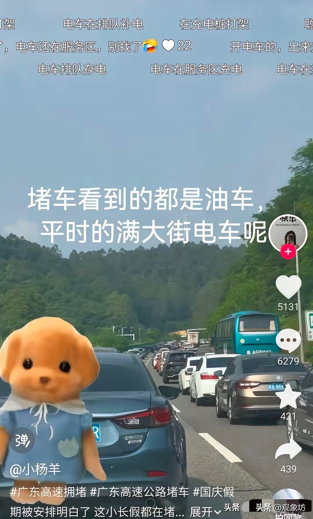 国庆高速堵车，有人拍了个视频，画面里密密麻麻全是油车。配文特别损：堵车看到的