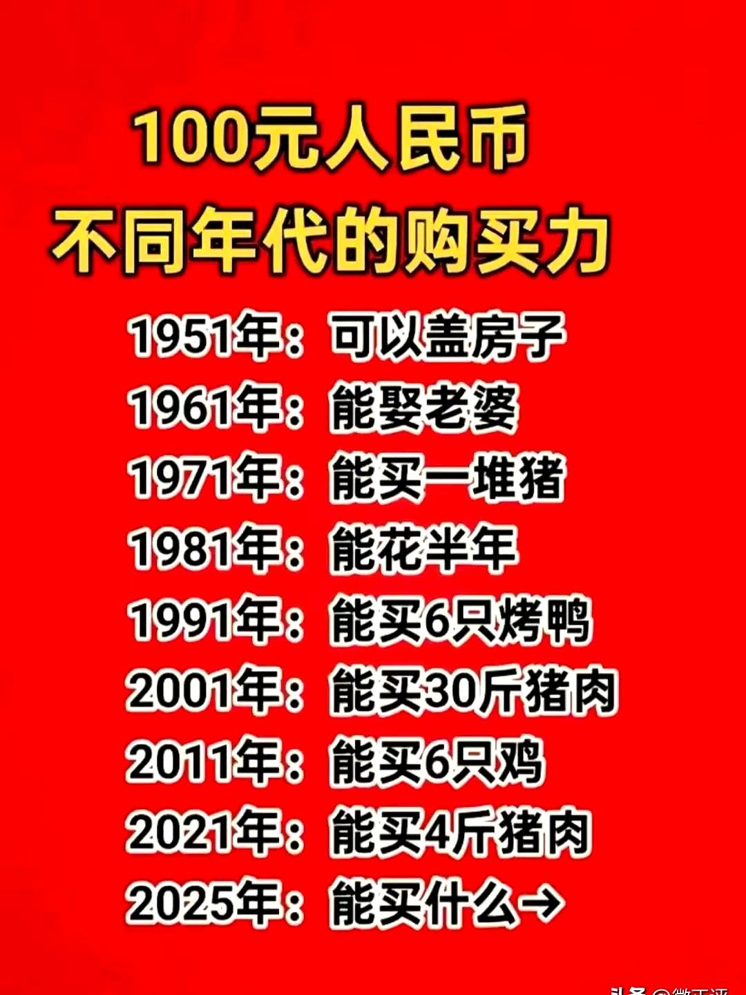 同样是100块，放在不同时代，完全不是一个概念。对比下来，真让人感叹。老人们说