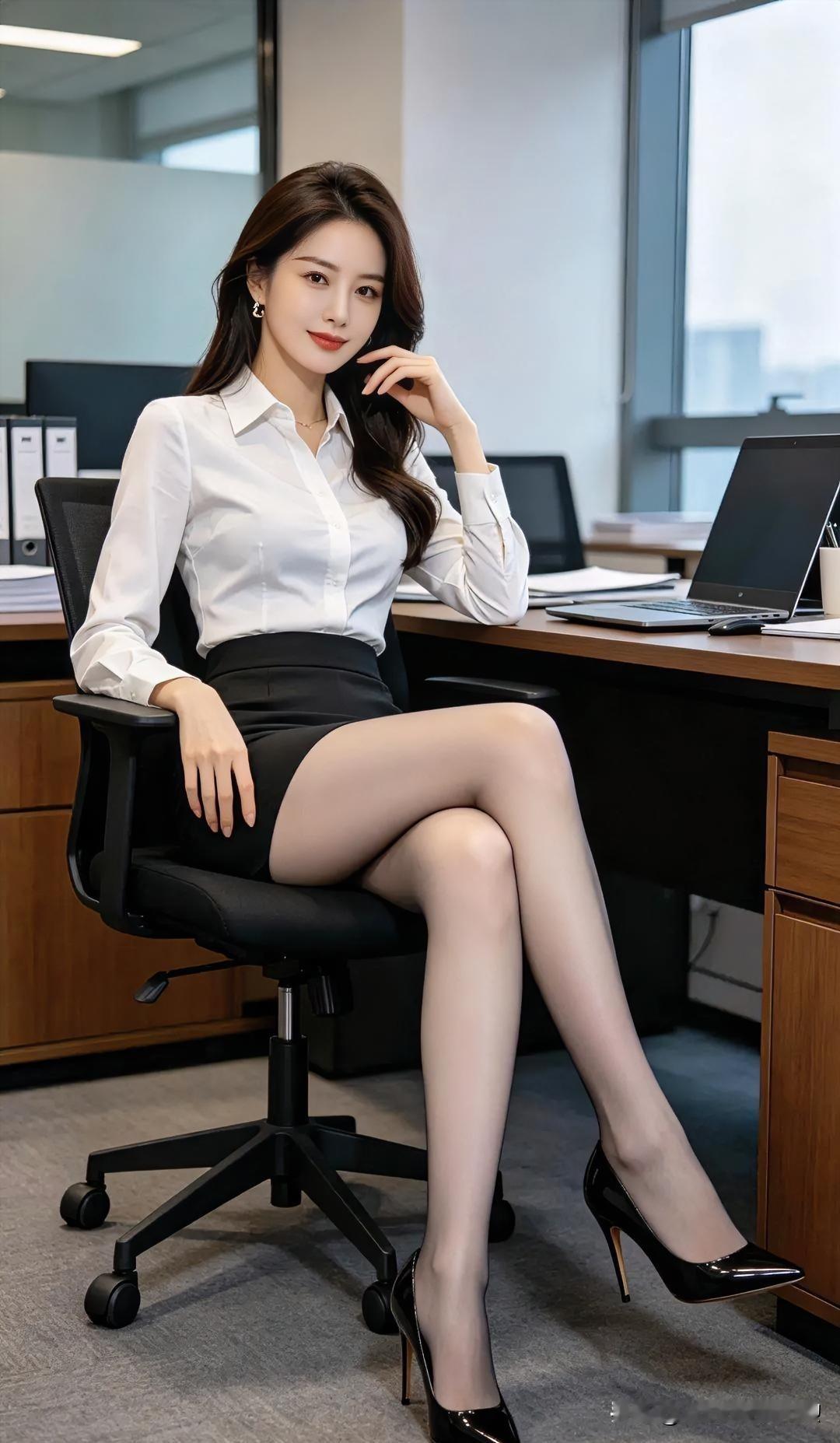 《职场绽光彩》白衫黑裙，笑容明媚。优雅坐姿，自信满满。专注工作，热爱