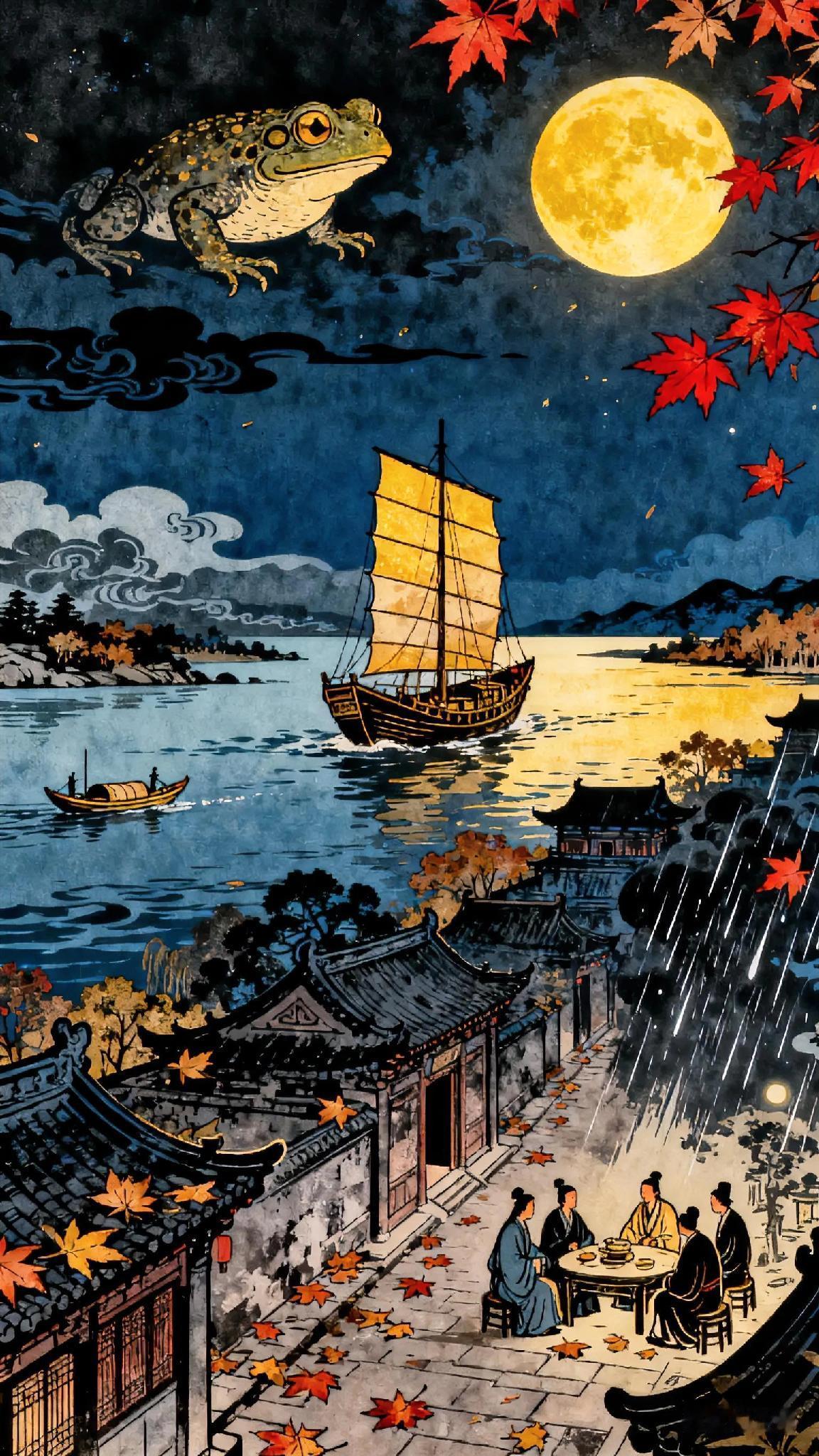 、天天古诗词《忆江上吴处士》唐、贾岛。闽国扬帆去，蟾蜍亏复圆。秋风生渭