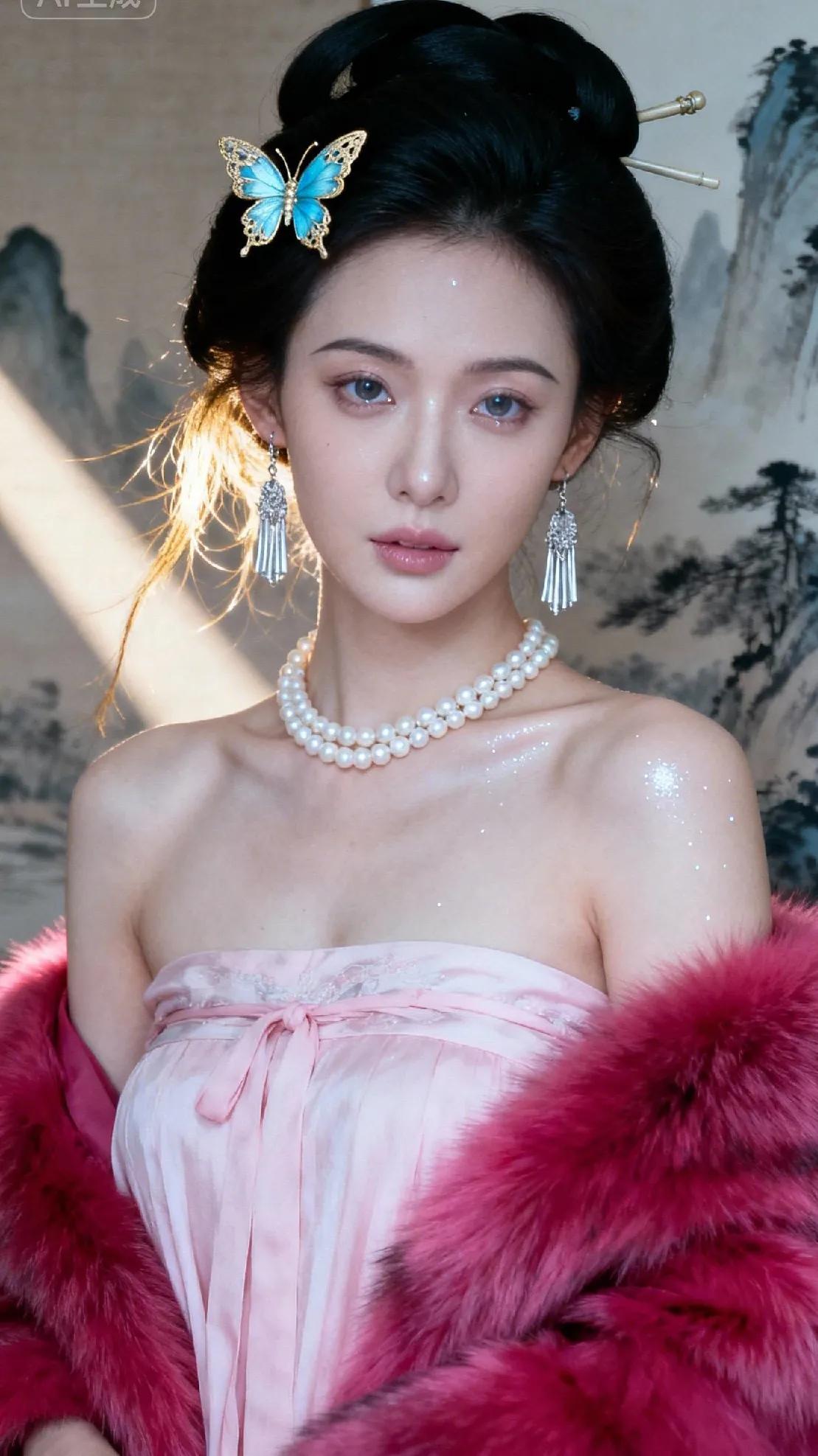 当古风妆造撞上现代柔媚——黛发挽成盛唐髻，蝶钗颤着琉璃蓝，珍珠颈链裹着粉裙香肩，