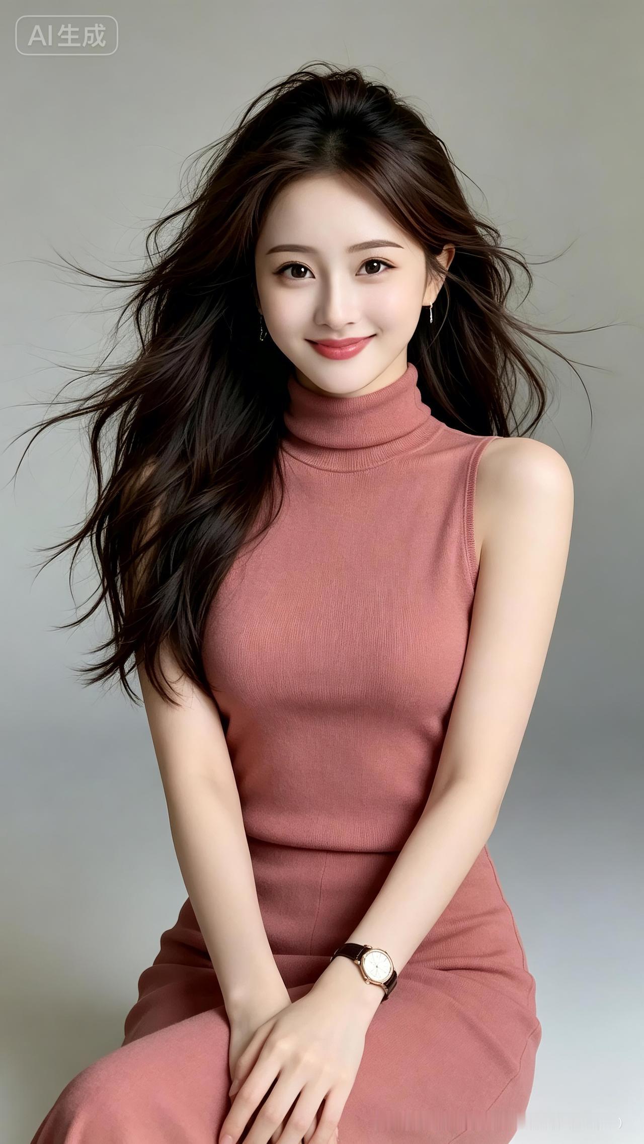 长发美女穿粉色高领衫，微笑迷人。