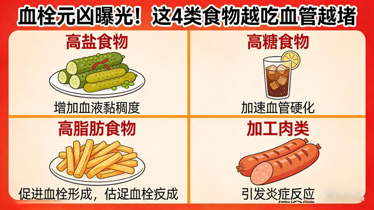 血栓"元凶"曝光！这4类食物越吃血管越堵警惕！血管“隐形杀手”现身：