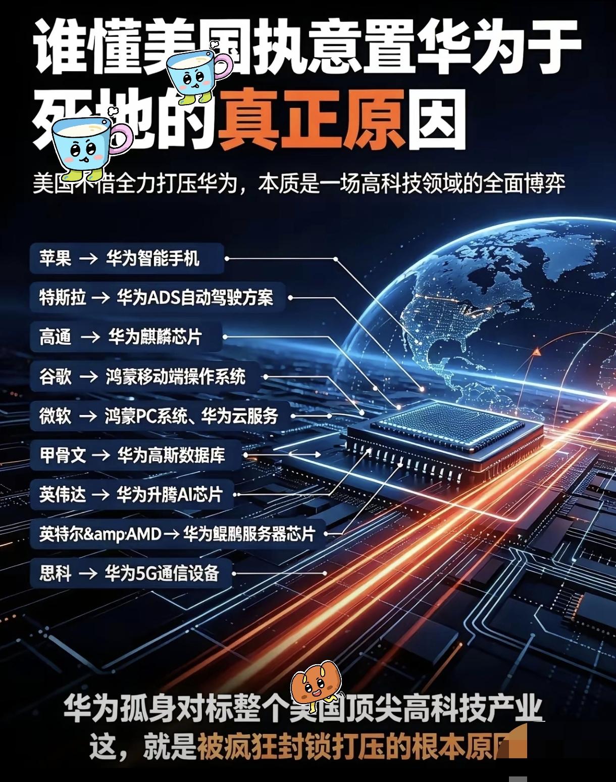 华为一家公司干翻了欧美9家高科技大公司，别说美丽国要卡它脖子了，连我都感觉华为实