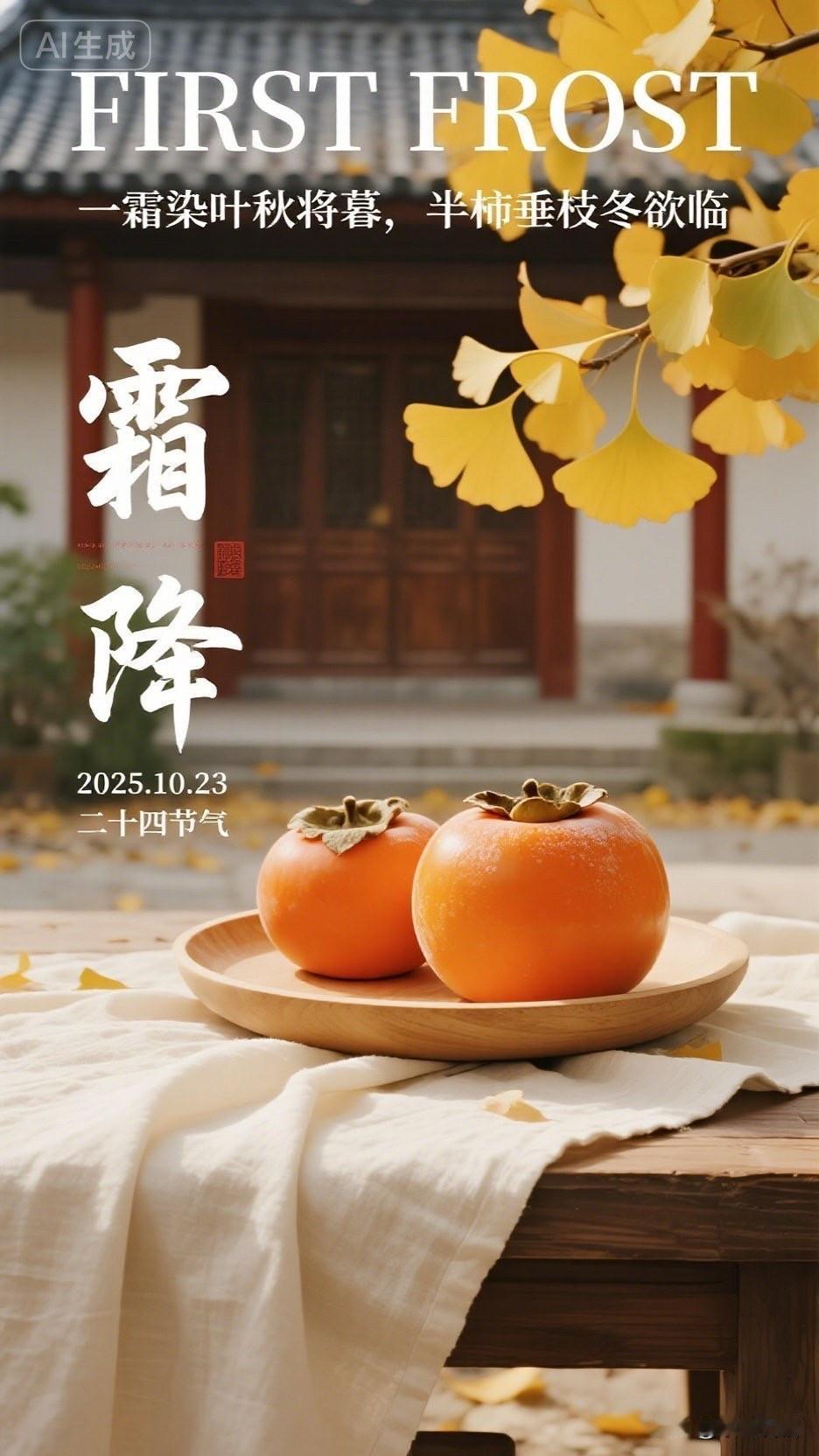 今日正值二十四节气中的霜降，这霜降的首条祝福，我要送给你。霜降来临，福泽天降