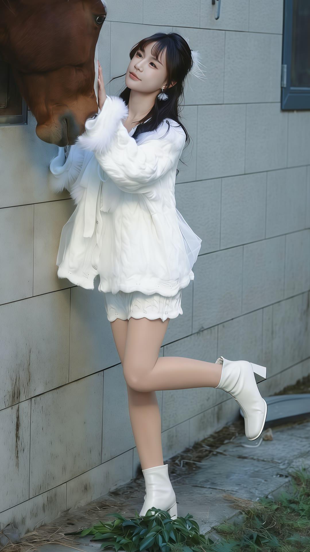 什么样的穿搭可以成为气质女神?与马儿亲密互动，白色穿搭甜美动人🐴💕