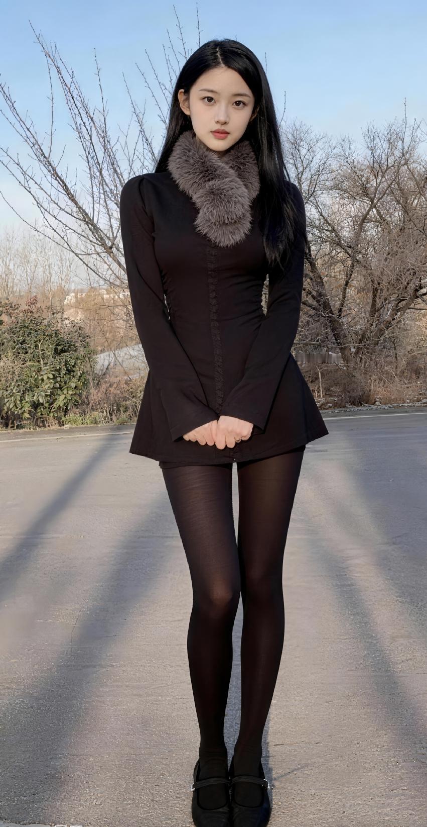 一组休闲与优雅兼备的完美穿搭，黑色小皮草外套搭配白色上衣，突显好身材，简洁不简单