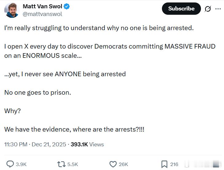 马特·范·斯沃尔：我真的很难理解为什么没有人被逮捕。我每天打开X，都会发现民左