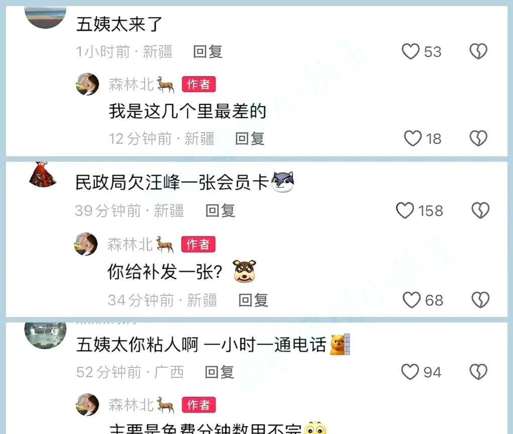 6月28日，森林北在网络回怼引发热议，当时网友调侃她：“民政局欠汪峰一张会员卡”