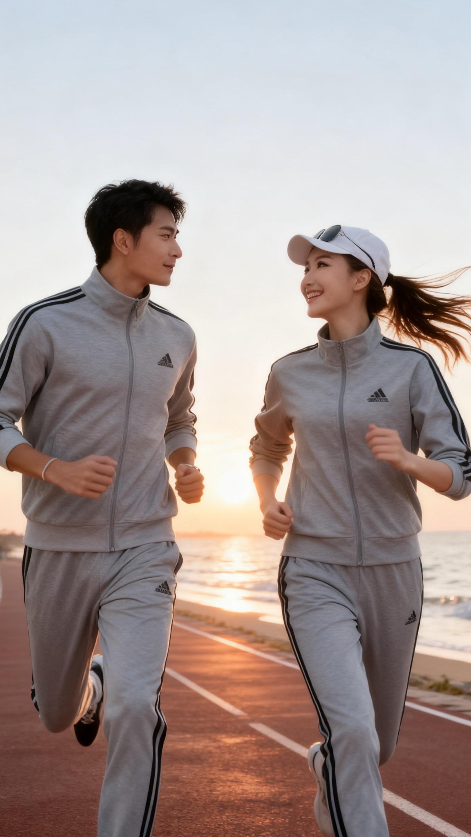 三条杠秋冬情侣跑步服。