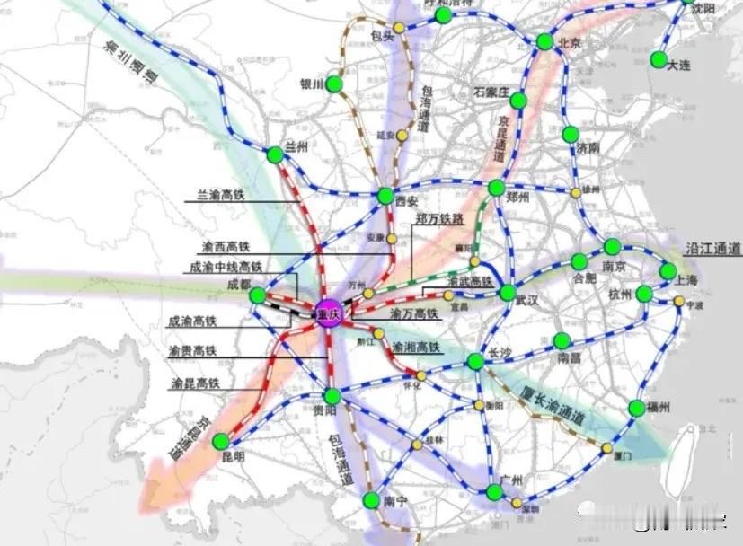 重庆的高铁非常发达，基本都是时速350公里的，向四面八方放射。唯独南北向不是那么