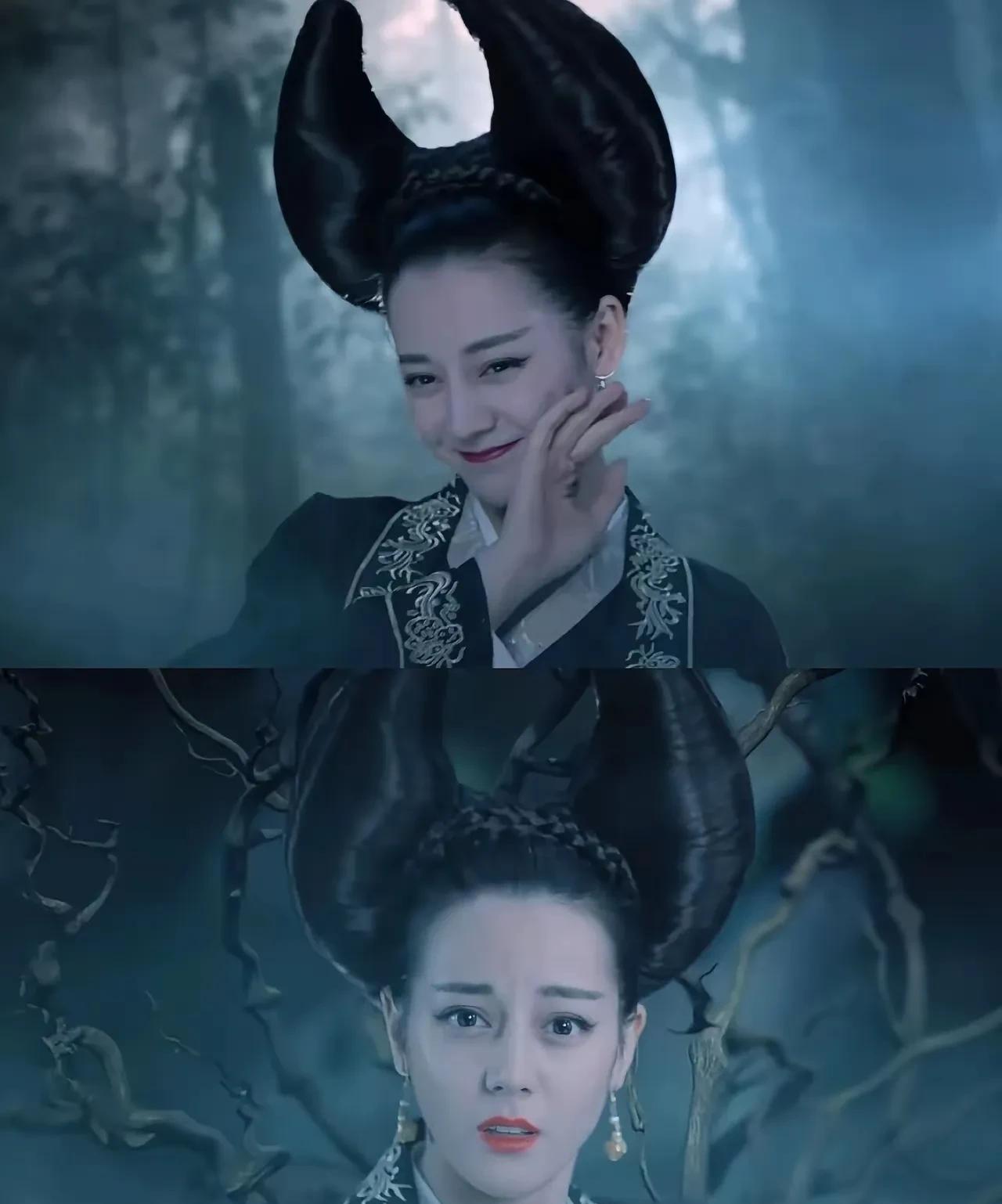 迪丽热巴这黑山女妖的造型，让我想起来安吉丽娜朱莉饰演的《沉睡的魔咒》里面的女巫，