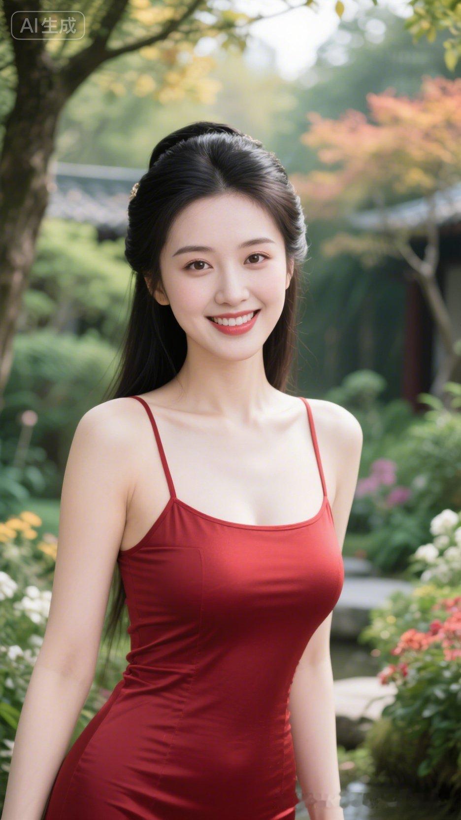 红裙少女在花园中微笑，春日气息扑面而来！🌸🌸