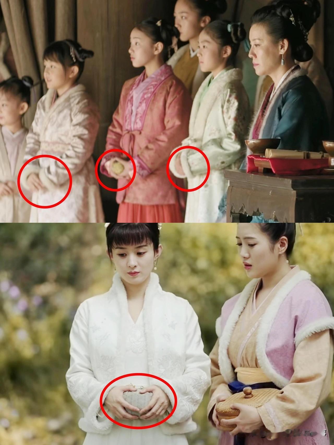 刚出场的姐妹仨：如兰墨兰穿好料薄衫、戴精致首饰、手捧暖手炉，明兰却裹着不合身的旧