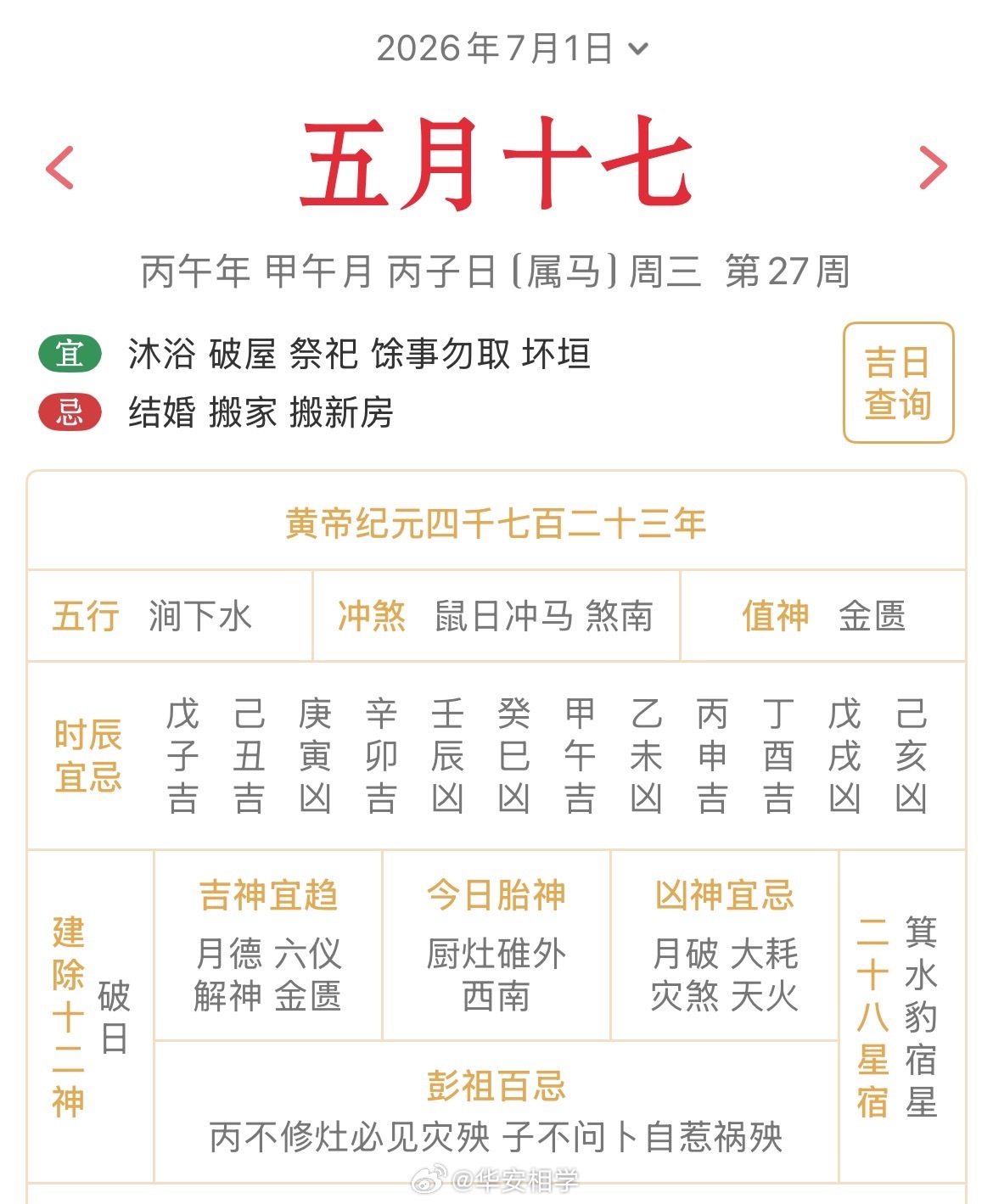 十二生肖每日简运仅供参考2026.7.1丙午年甲午月丙子日丙子天克地冲庚午：八