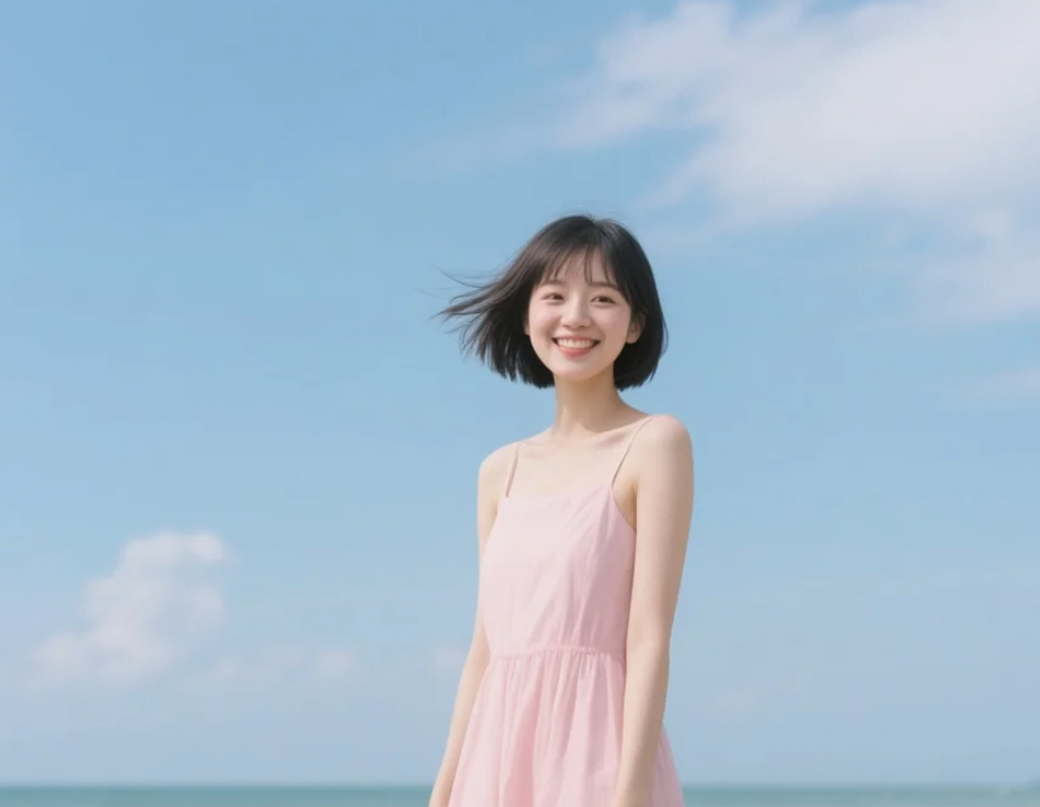 清新短发+飘逸连衣裙=海边最美的风景线