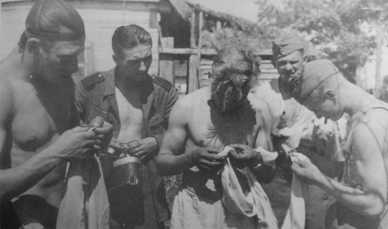 1941-1942年，东线战场，几名德国国防军士兵正在仔细检视贴身衣物，搜寻虱子