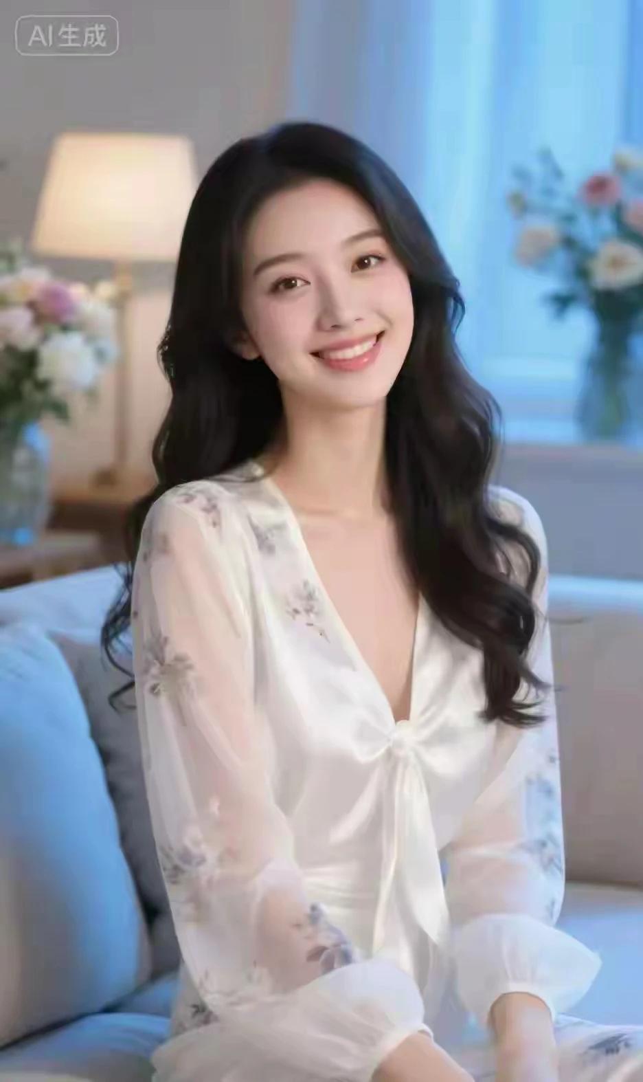 微微一笑百媚生，眸若秋水亦含情。青丝如瀑随风舞。恰似仙女落凡尘。