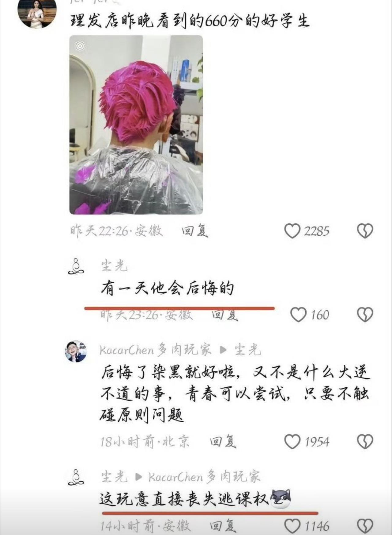660分学霸染一头亮眼粉头发，路人还惋惜说以后肯定要后悔。结果网友一句点评直接