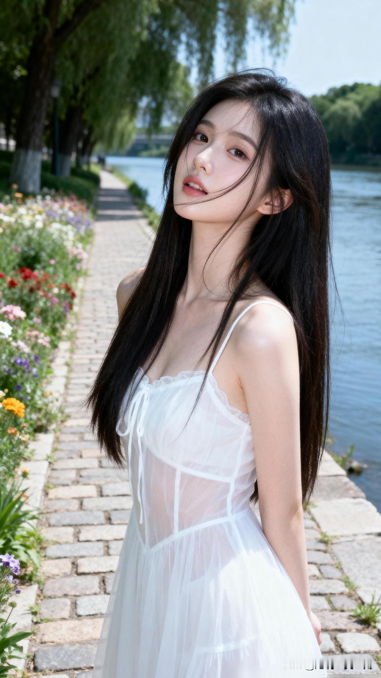 花径美人行，水边春意浓。你见过最清纯的姑娘是谁夏日清新风，白色连衣裙，河畔漫步