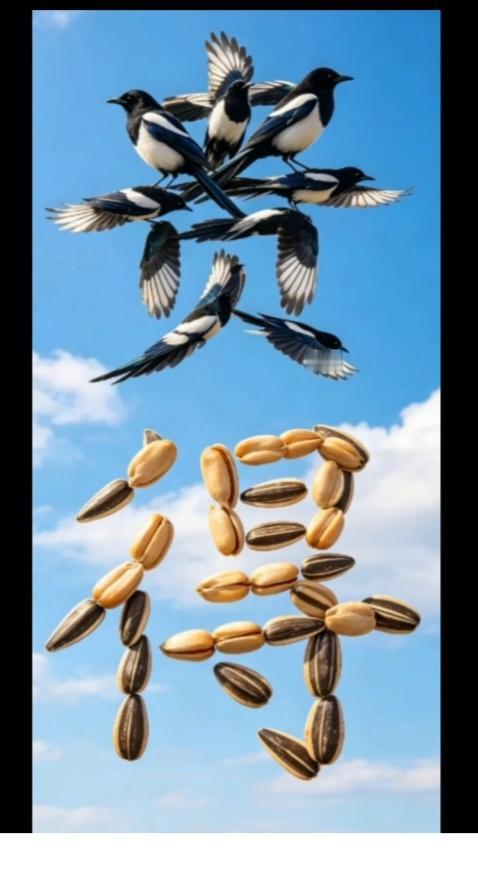 猜字游戏图中画面真给力，画面有喜鹊，瓜子。谐音猜四字成语。