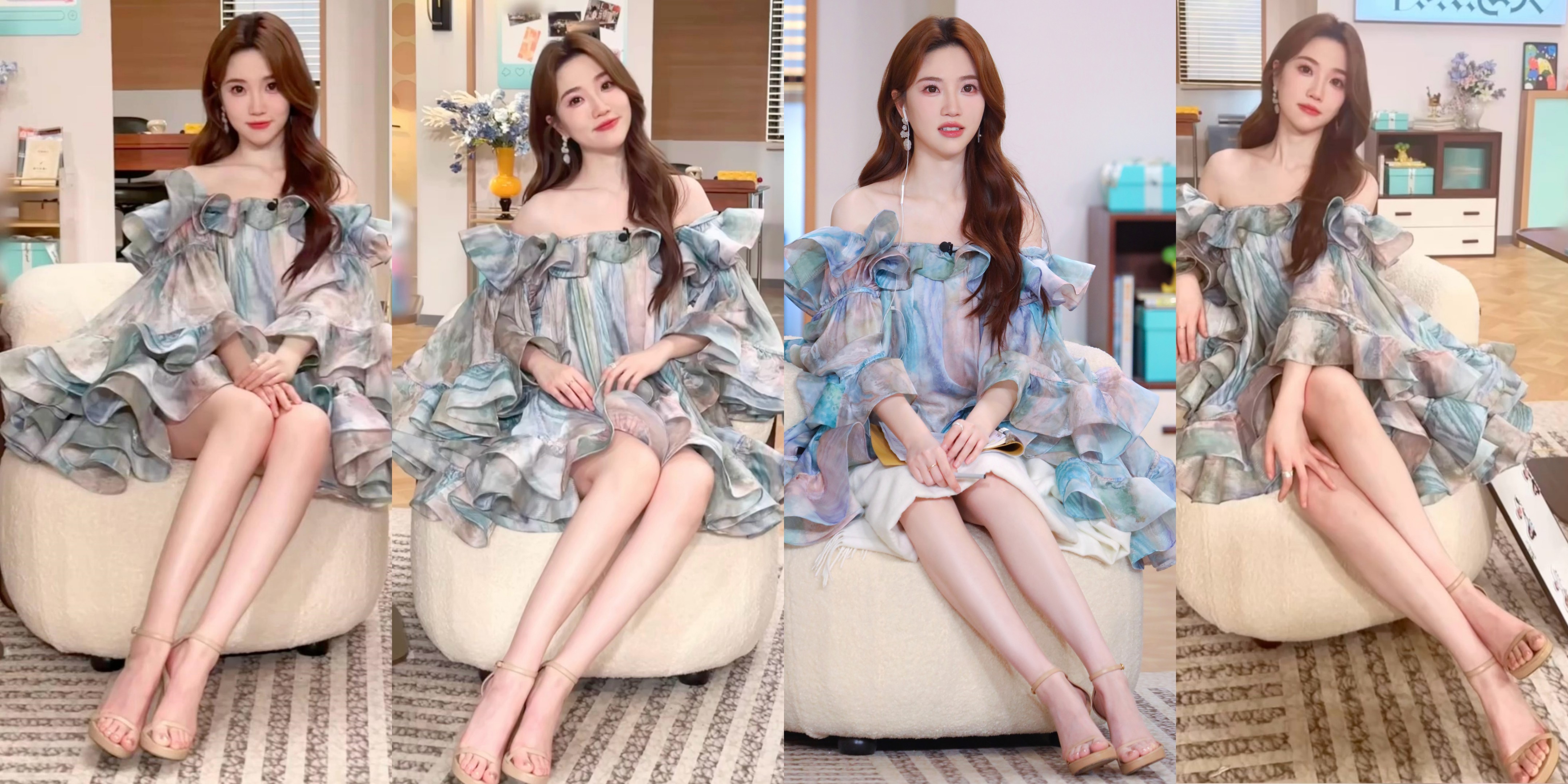 张纯烨全新美腿妆造，一字带高跟，温柔甜美。张纯烨