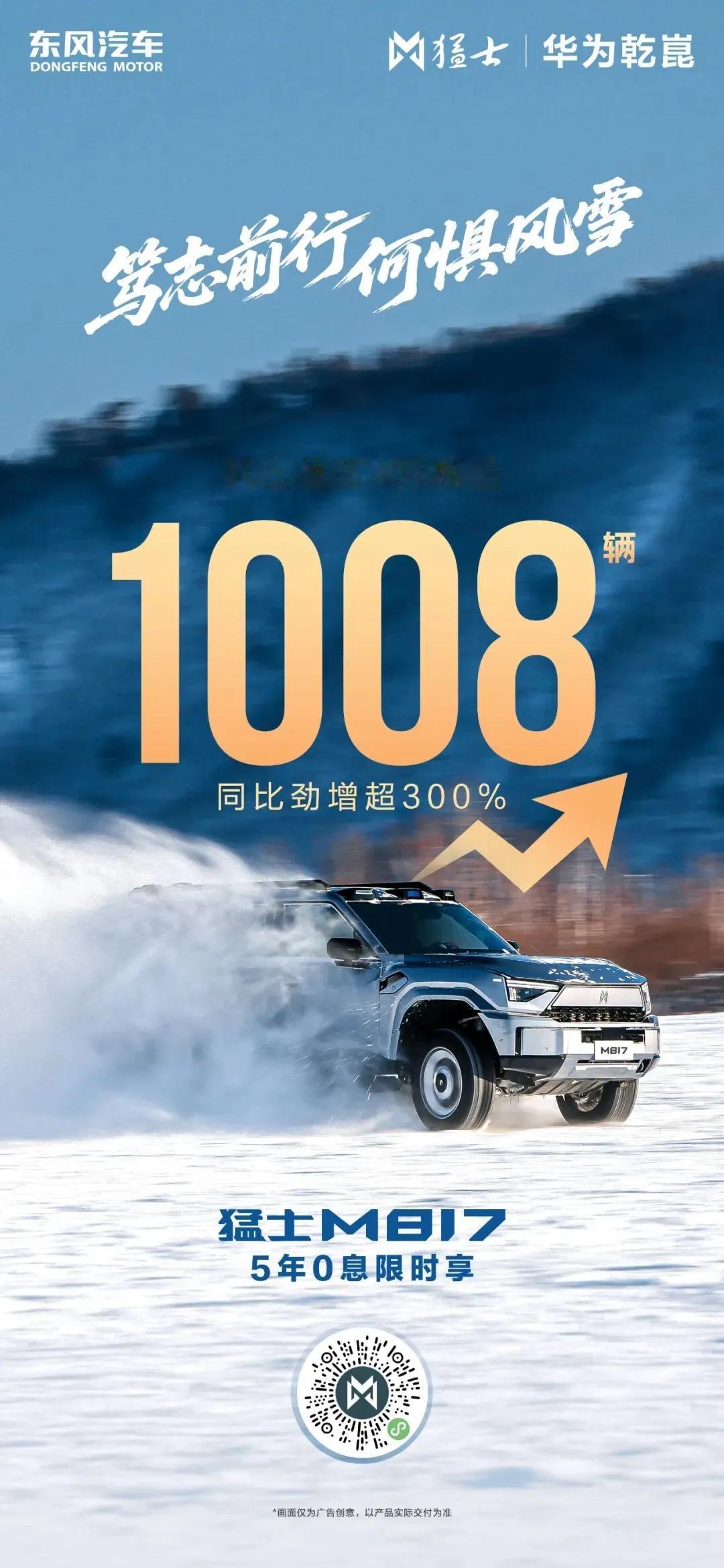 猛士2026年1月销量突破1000辆，同比增长300%。2025年全年销量突破1