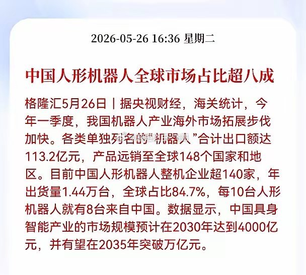 好消息！重大利好消息！人形机器人板块放出重大好消息！中国人形机器人市场份额超八成