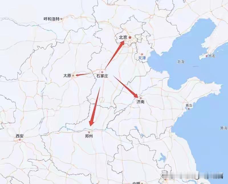 从北京到济南的铁路线并不穿越石家庄和郑州。像京沪铁路，它从北京出发，途经天津、济