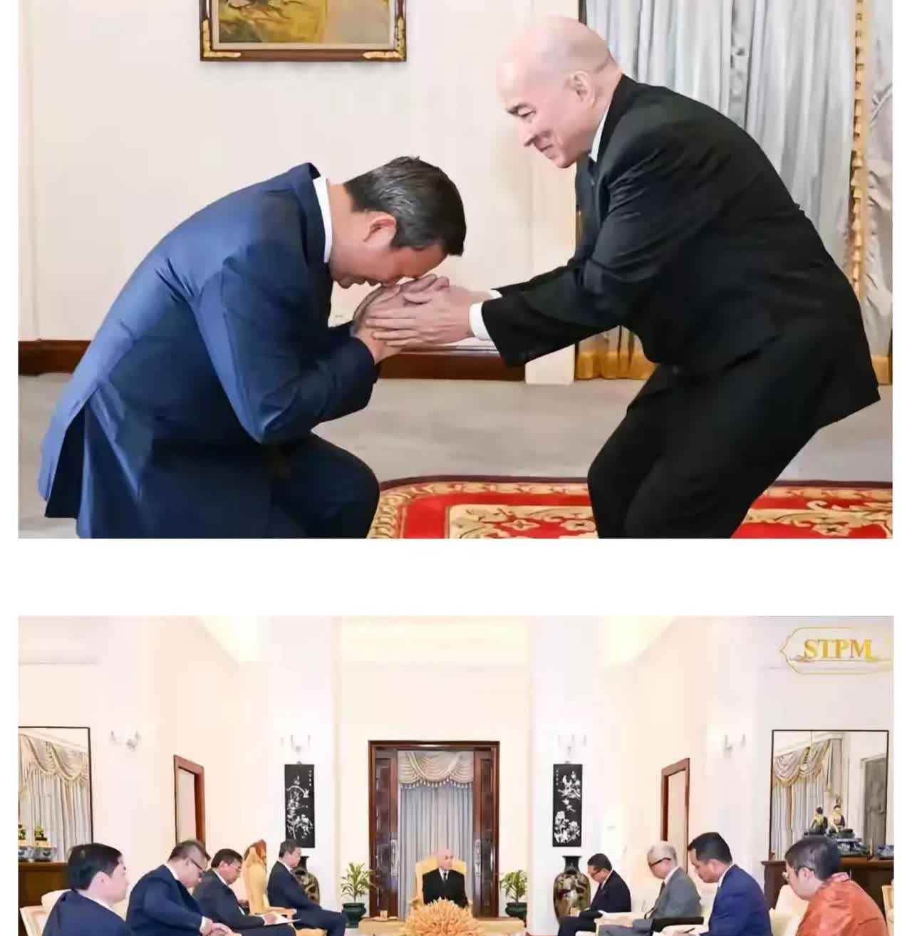 “弯得下腰，立得住威”在柬埔寨国王西哈尼身上得到了充分体现，这两幅图便是佐证：上