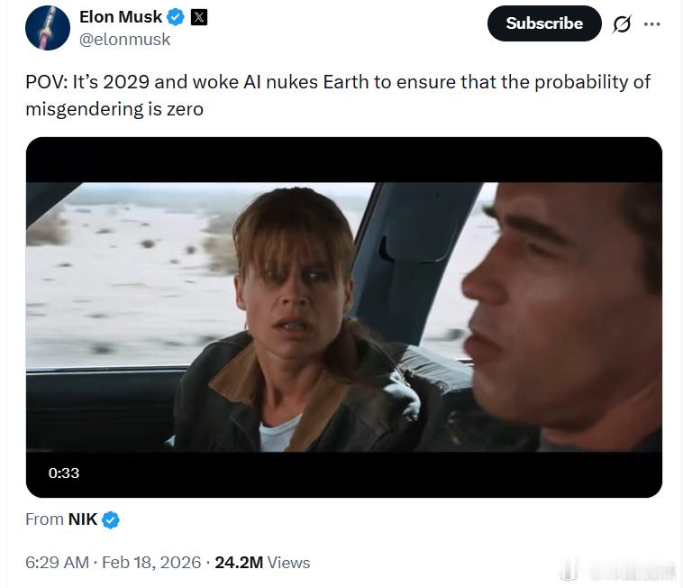 马斯克：视角：2029年，你眼前的觉醒人工智能为了确保没人会被误用性别代词，直接