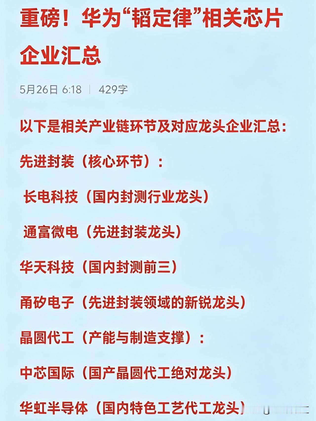 重磅！华为“韬定律”相关芯片企业汇总以下是相关产业链环节及对应龙头企业汇总：
