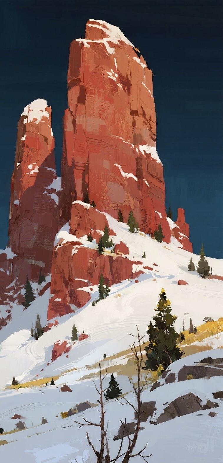 精美壁纸（706）🌈📝这幅新中式岩彩山水画面极简，主体是高耸的悬崖，崖顶覆