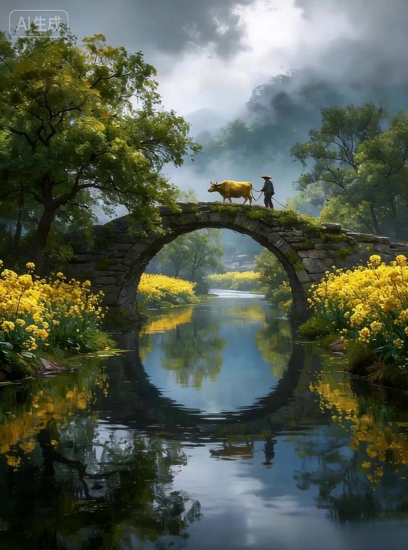 七绝●物竞天择/古韵早出昏归岁月耕，黄牛作伴慰平生。山青水秀繁花美，