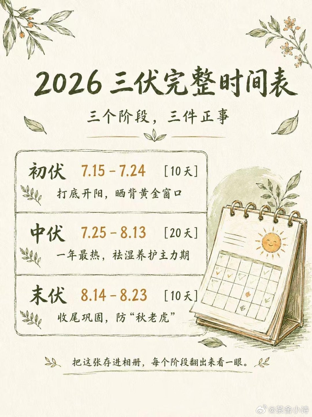 明日入伏！2026三伏时间表（收藏版）明天7月15日，正式入伏。今年又是